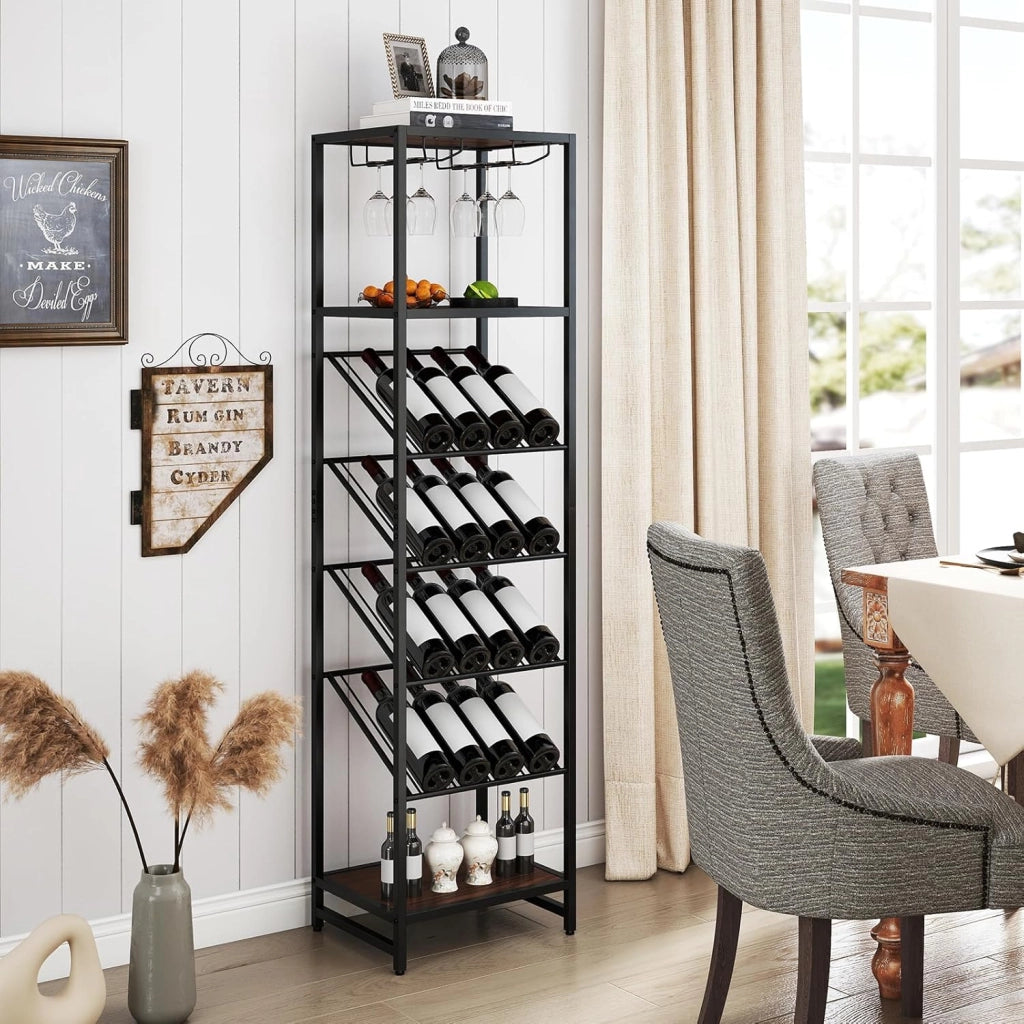 Portabottiglie da Terra a 7 Livelli, Cantinetta Portabottiglie di Vino con Portabicchieri e Piano d'Appoggio, per 16 Bottiglie, Scaffale Espositivo per Vino per Bar, Cucina e Sala da Pranzo