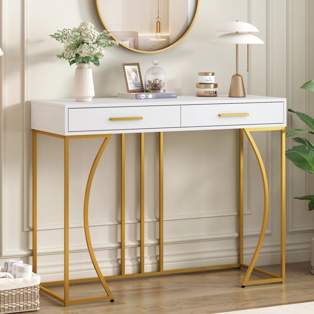 OKWISH Consolle da Ingresso con 1 Cassetto e Piedini Regolabili, Piano in MDF e Struttura in Metallo, Bianca