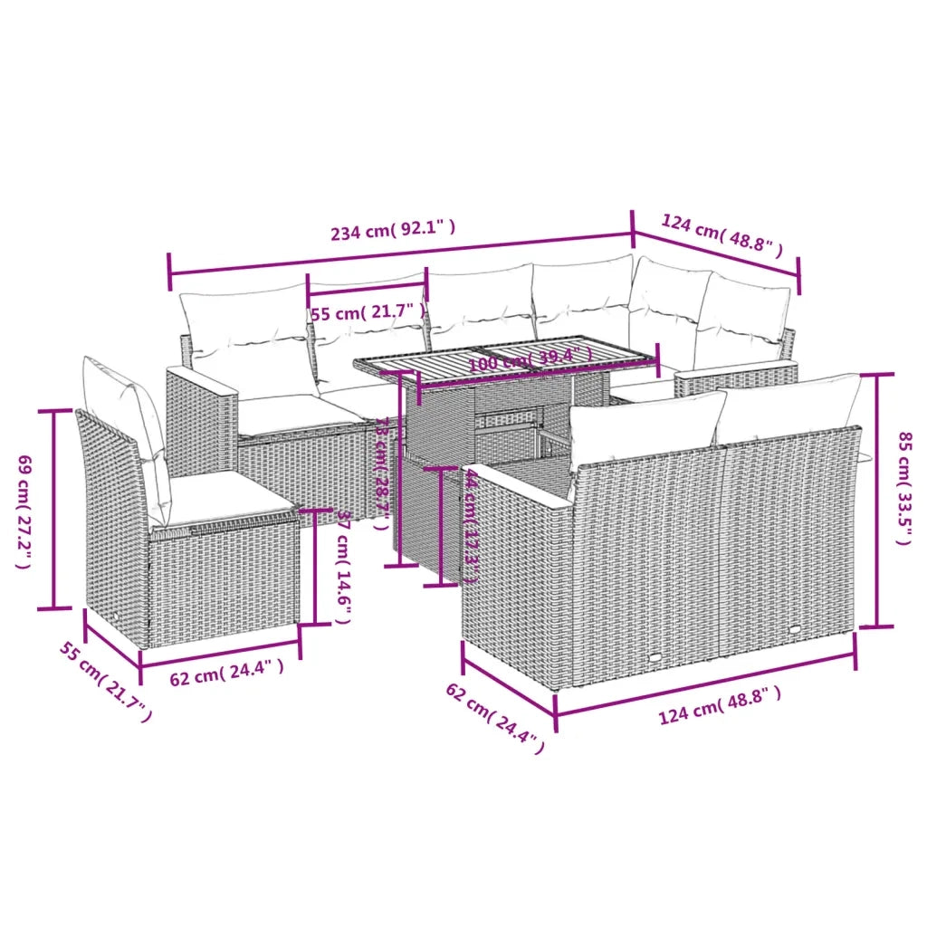 Set Divani da Giardino 9 pz con Cuscini Nero in Polyrattan 3273170