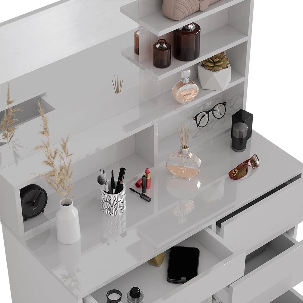 Vicco Tavolo da toeletta Sherry, Bianco, 80 cm con specchio, con seduta regolabile in altezza e sgabello girevole