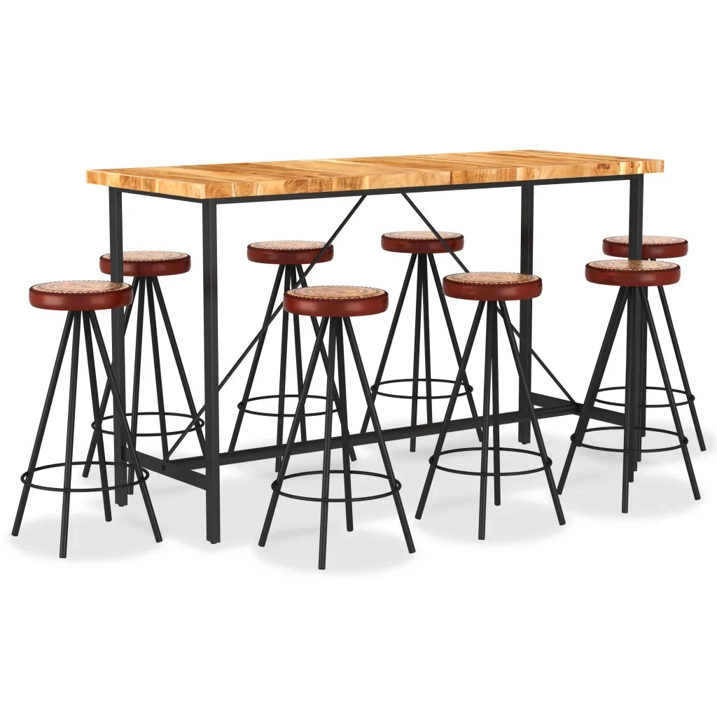 Set per Bar 9 pz in Legno Massello di Acacia Vera Pelle e Tela cod mxl 57816