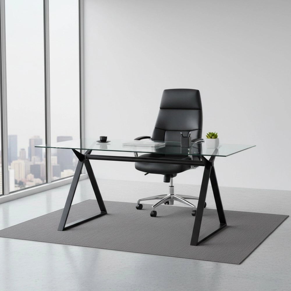 Tavolo da Pranzo Skylar 150×90 cm in Vetro Temperato con Gambe a Cavalletto Nere