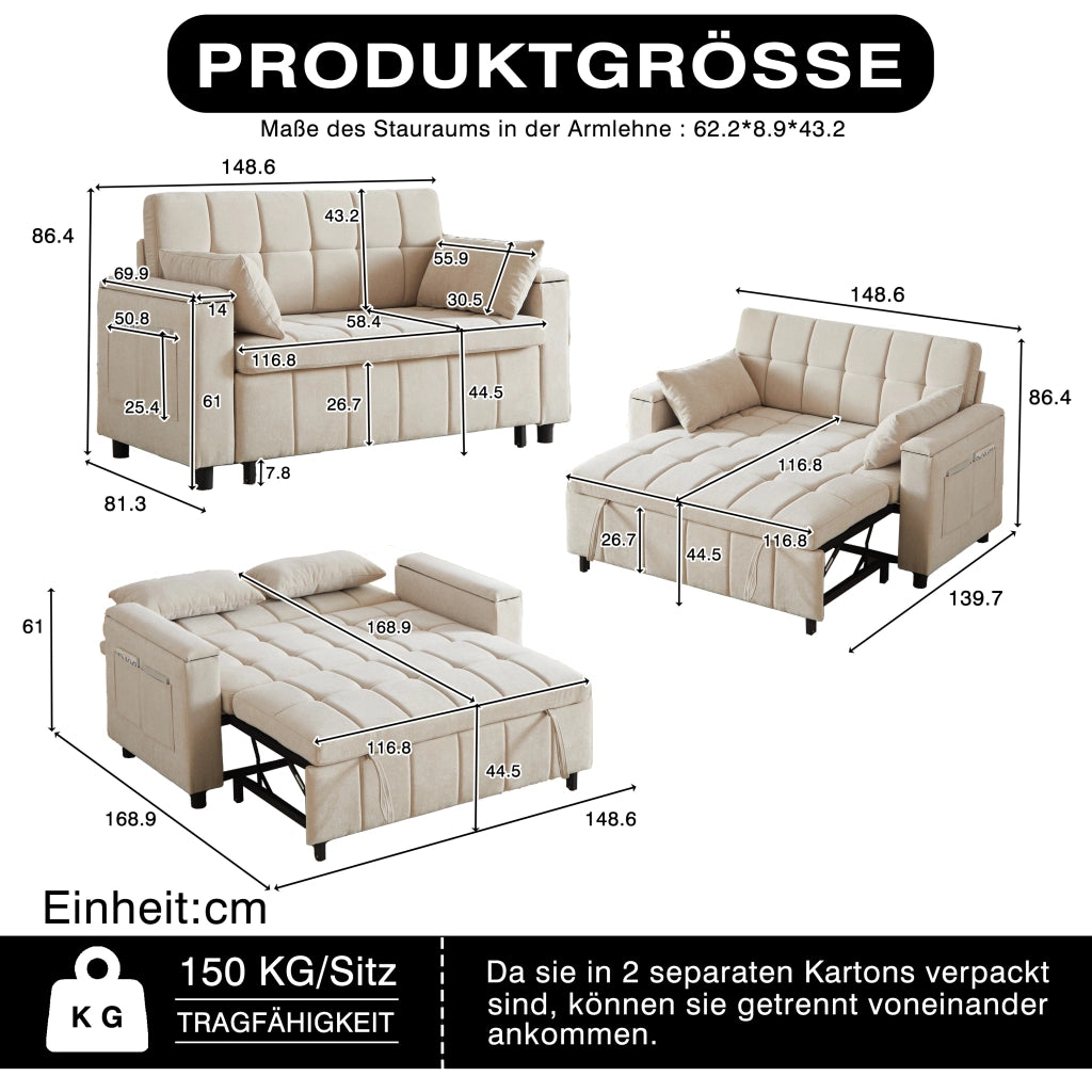 Divano a due posti, divano letto, tessuto chenille, braccioli con vano portaoggetti, struttura in metallo, color beige