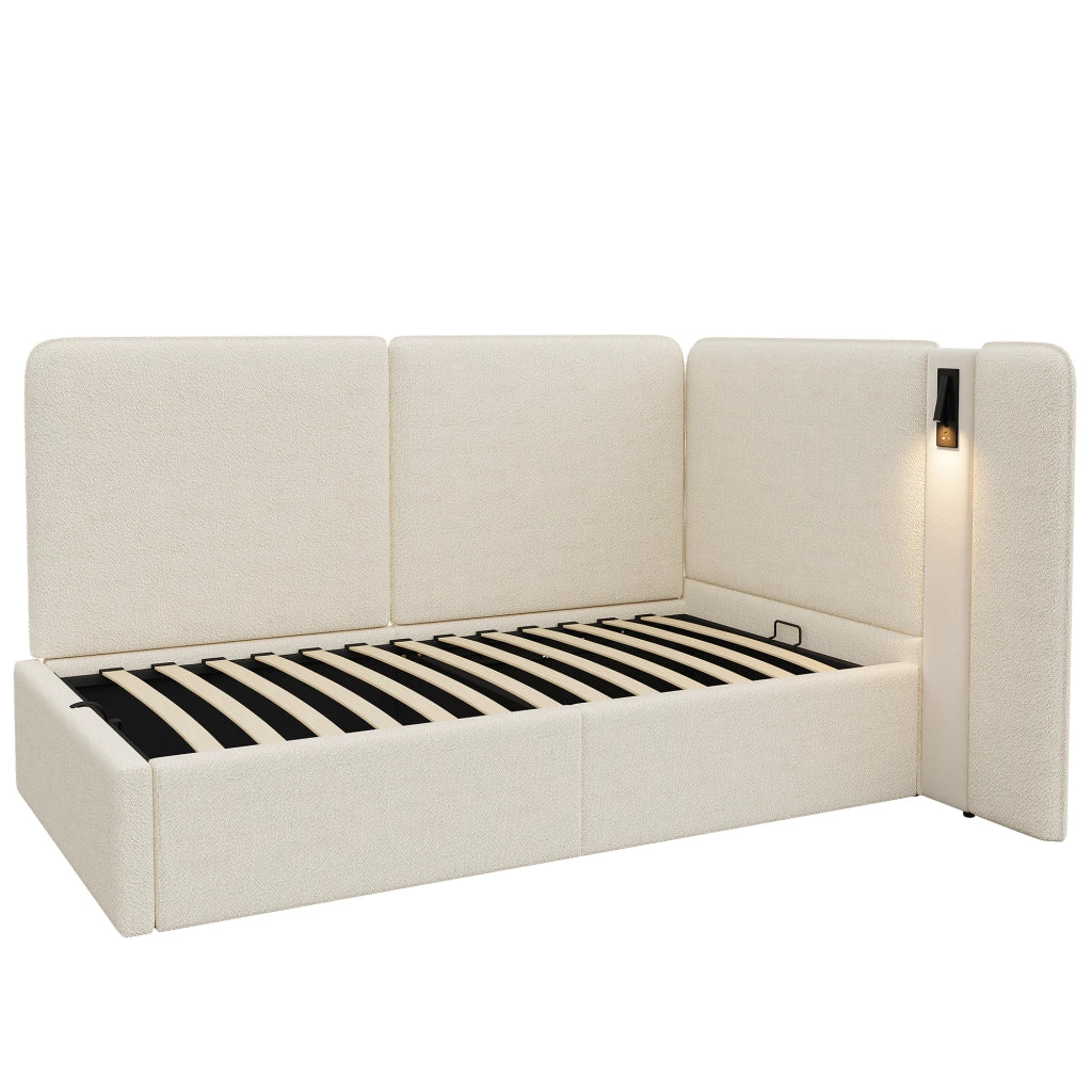 Letto imbottito singolo 90x200 cm con contenitore idraulico, lampada lettura USB e Type-C, beige bouclé