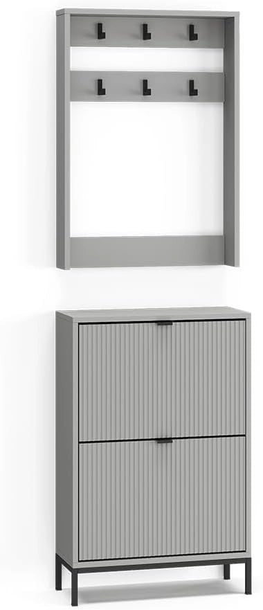 Armadio da ingresso Eliza, Grigio, 60 x 92 cm Set, 2 parti, per montaggio a parete con mensola e ganci appendiabiti