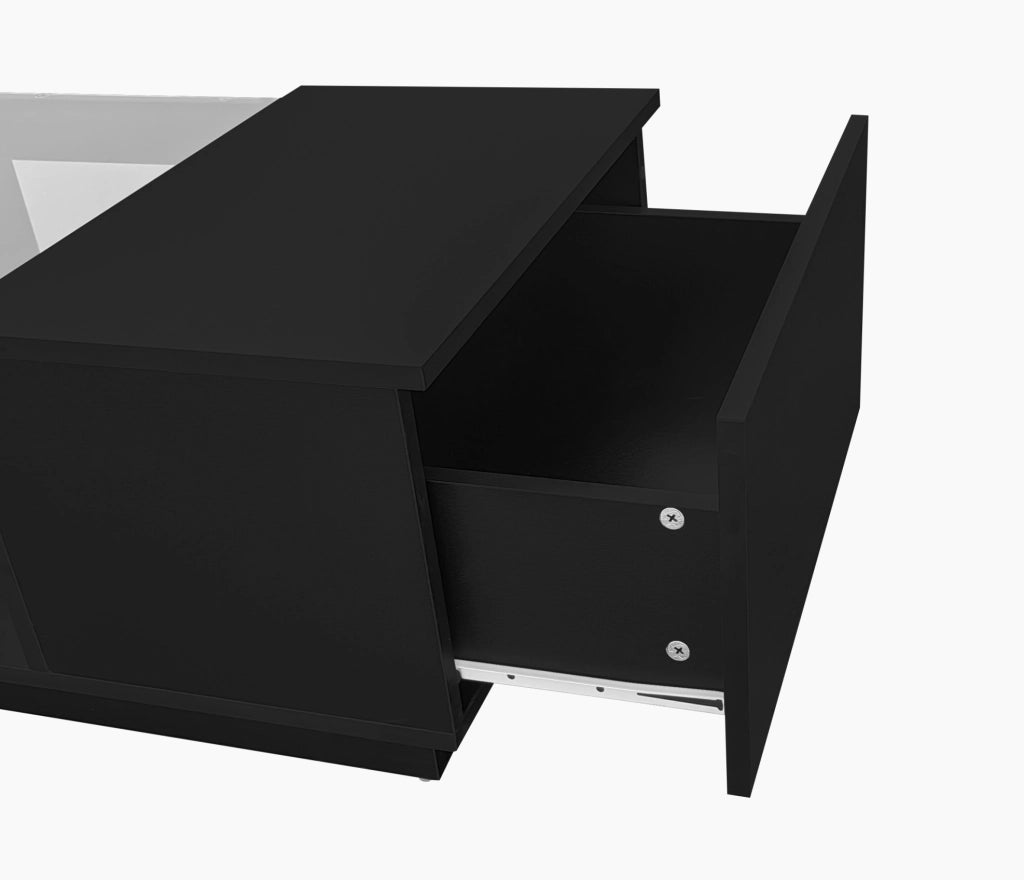 Tavolino 100x50x35，5 cm nero con vetro， LED e app， 2 cassetti