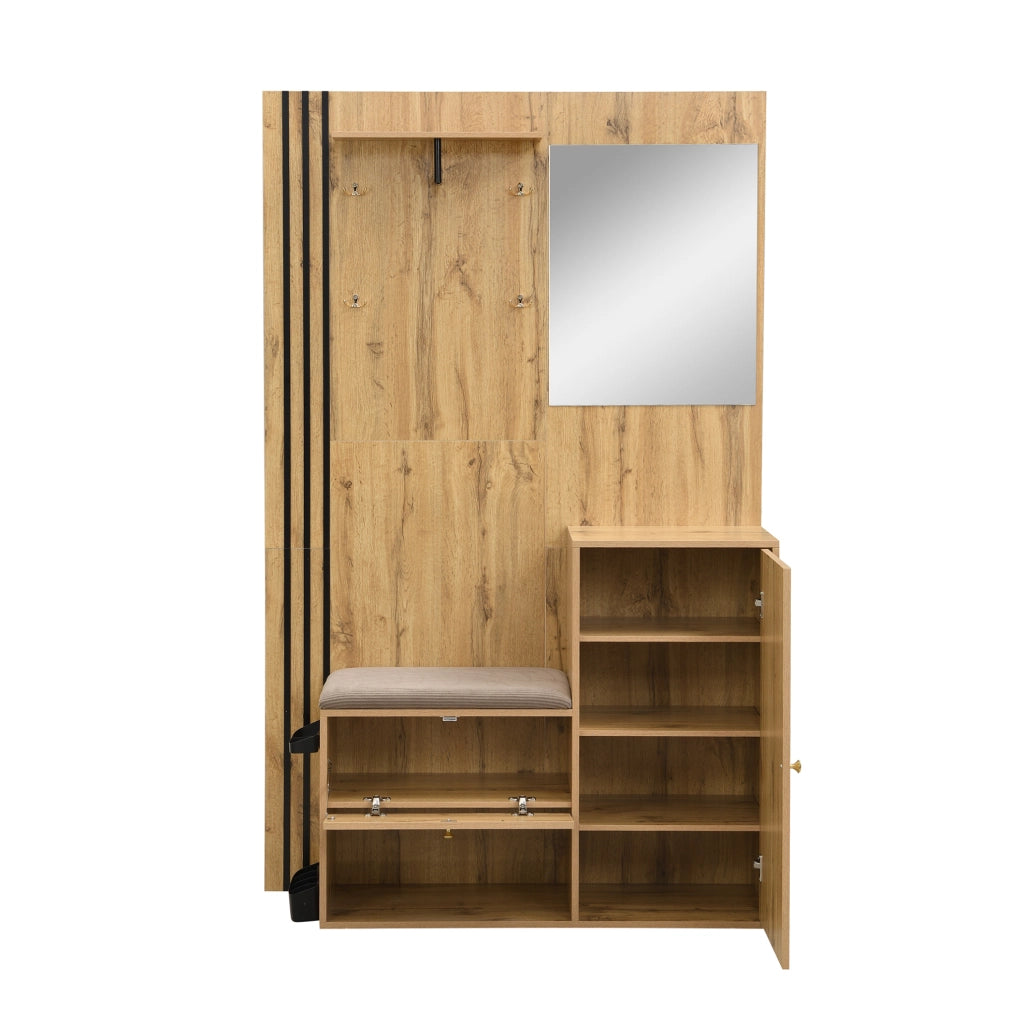Garderoba da ingresso con specchio e panca 115x37x185 cm in MDF naturale e nero