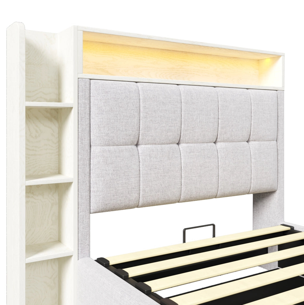 Letto imbottito 90x200 cm con contenitore; USB e LED in lino beige