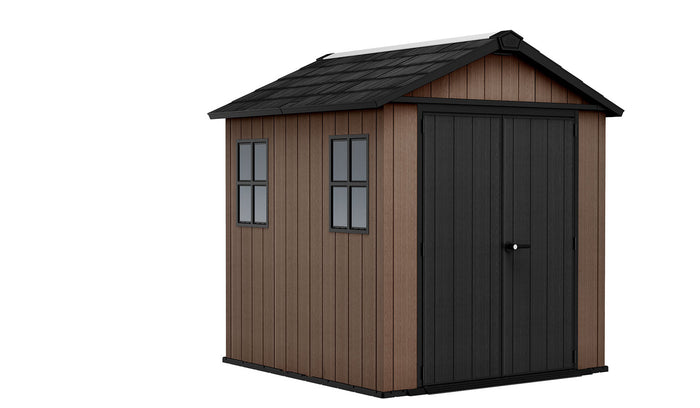 Casetta Box da Giardino 230x223,8x246 cm Newton Plus 757/775 Doppia Opzione Montaggio in Resina Evotech+ Marrone