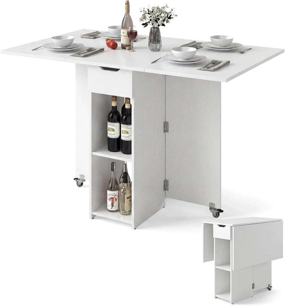 Tavolo da Pranzo Pieghevole, Tavolo Salvaspazio per 4-6 Persone con 2 Ripiani, Cassetto e Ruote a Freno, Tavolino Cucina per Cucina, Soggiorno e Ufficio, 120 x 72 x 75 cm (Bianco)