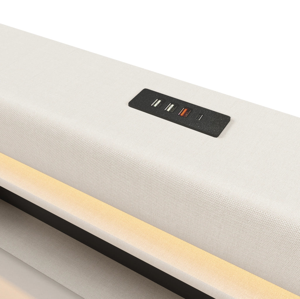 Letto matrimoniale imbottito 180x200 cm in lino beige con contenitore; LED e USB-C