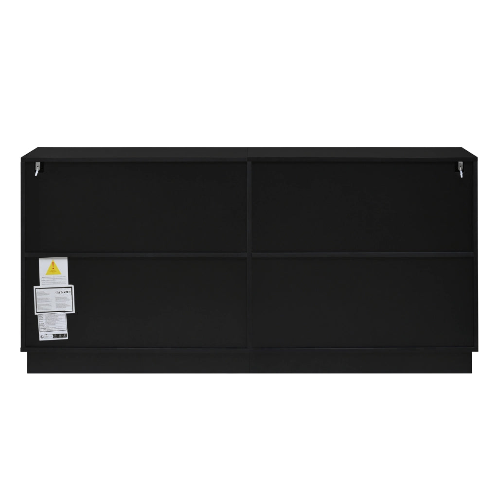 Credenza, mobile contenitore, ante con rilievi, maniglie in metallo, pannelli in truciolato + MDF, colore naturale e nero