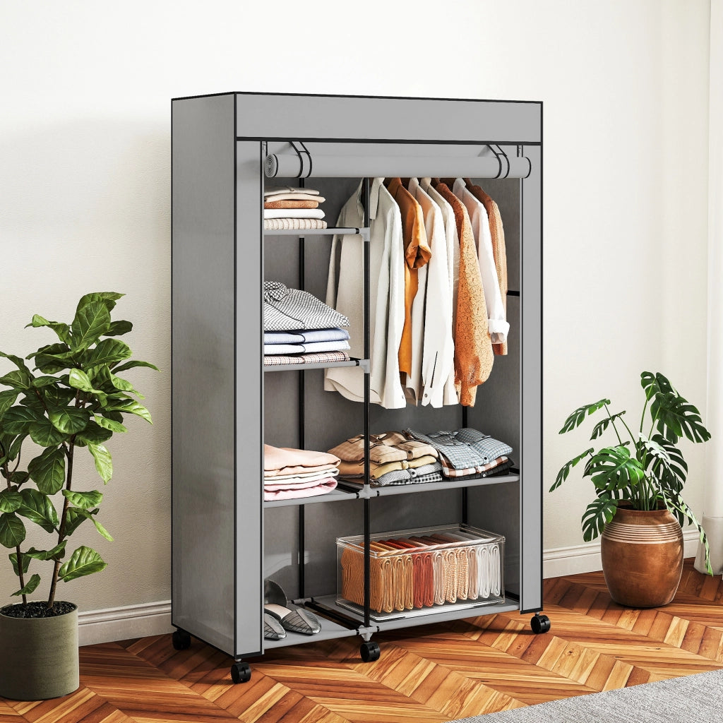 Armadio portatile con ruote e ripiani ¨C Zephmum ¨C Grigio 103x43x162,5 cm