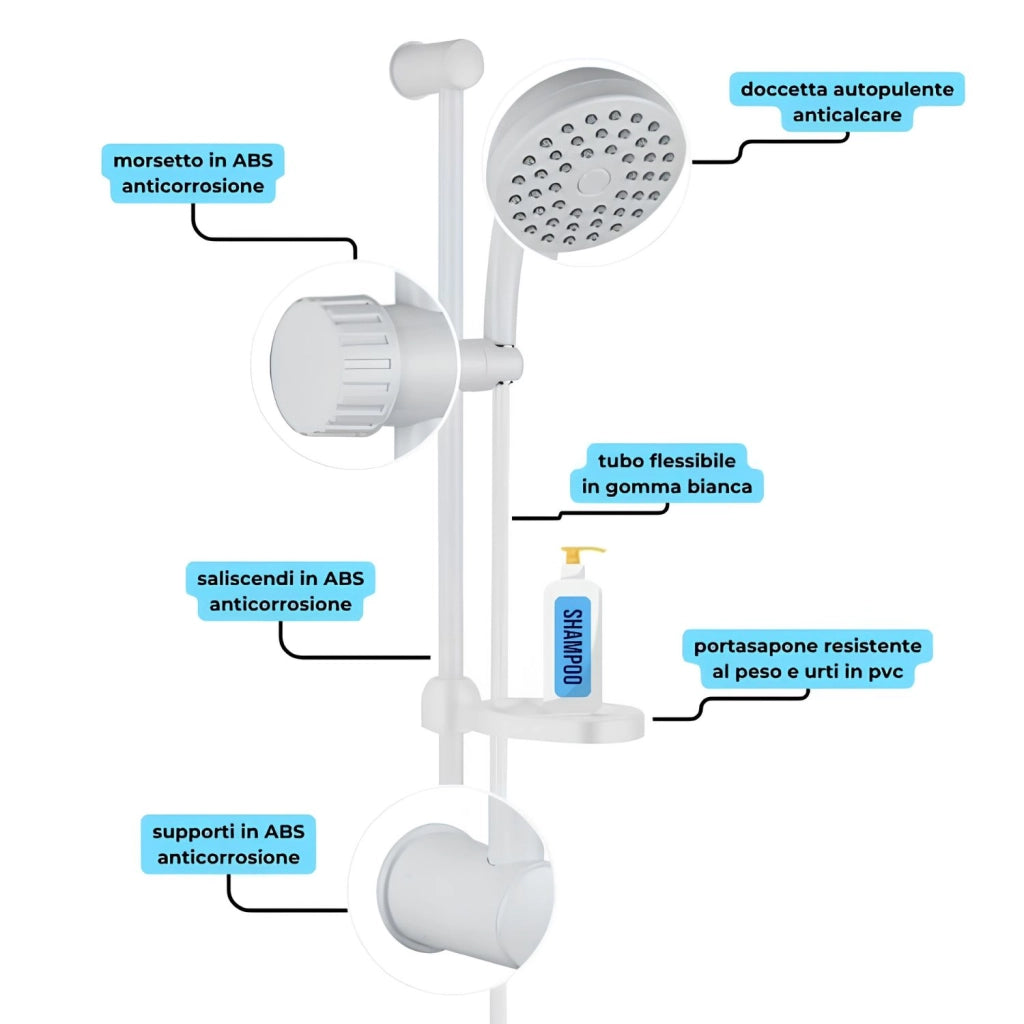 Saliscendi in abs bianco blush con doccetta e portasapone par campeggio nautica giardino