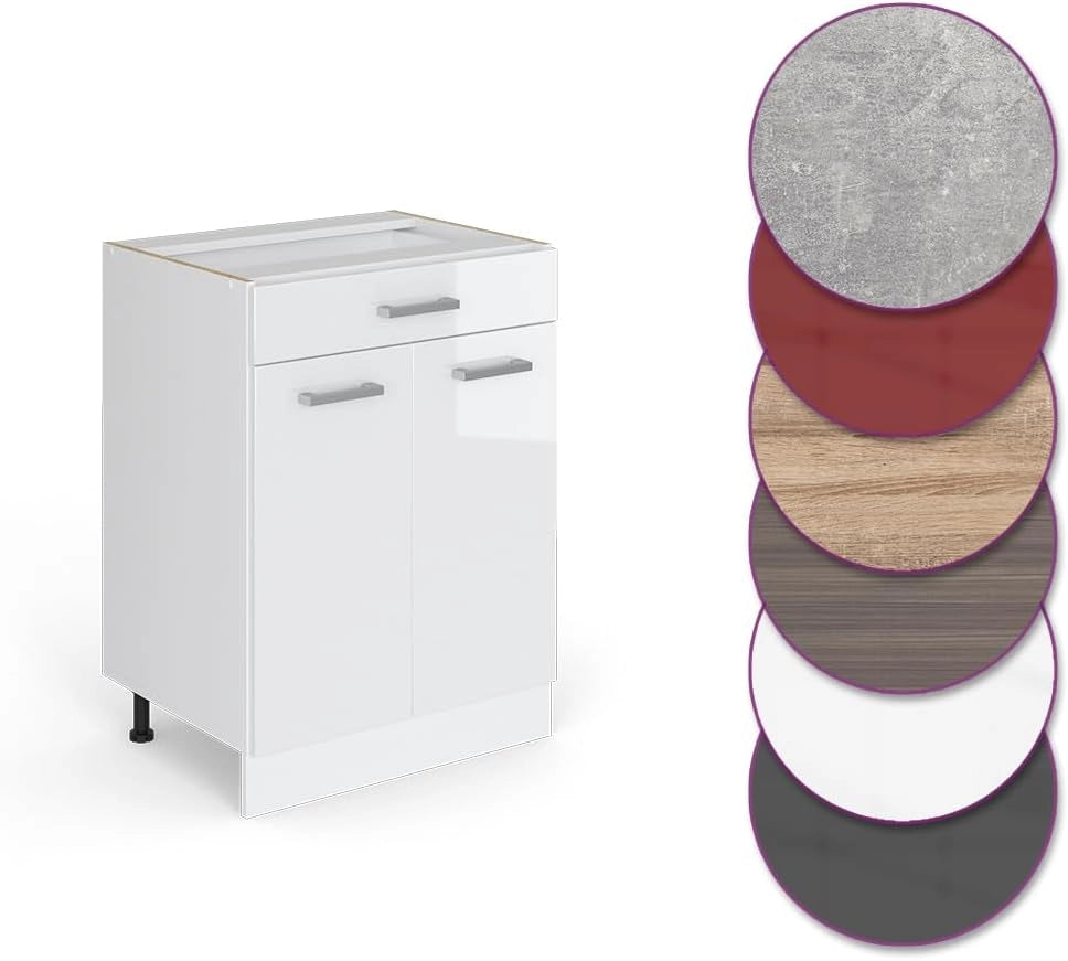 Mobiletto base per cucina R-Line, Bianco lucido, 60 cm con cassetto, senza piano di lavoro, per la libera combinazione all'interno di sistemi cucina modulari