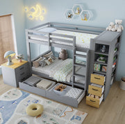 Letto a castello 90x200 cm con cassetti; scaffale laterale e comodino; grigio chiaro e naturale
