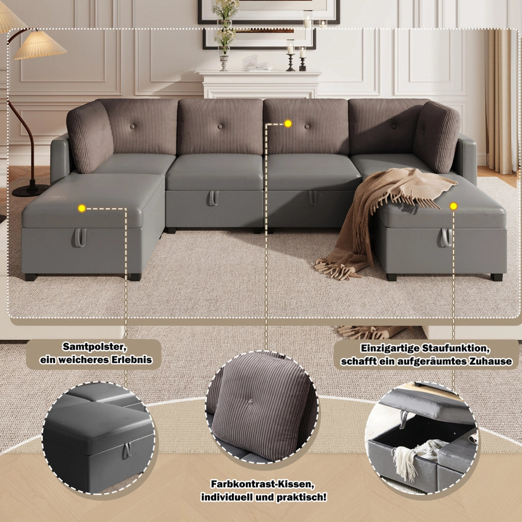 Divano modulare a U 6 posti con contenitore grigio antico