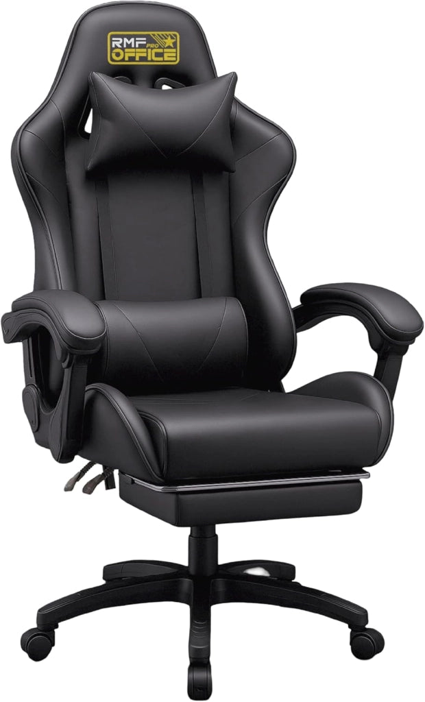 RMF Sedia Gaming Professionale Ergonomica Reclinabile, Poltrona Gaming Seduta Comoda e Rilassante con Poggiapiedi - Sedia per Gamer con Ruote Girevoli, Altezza Regolabile (Nera)