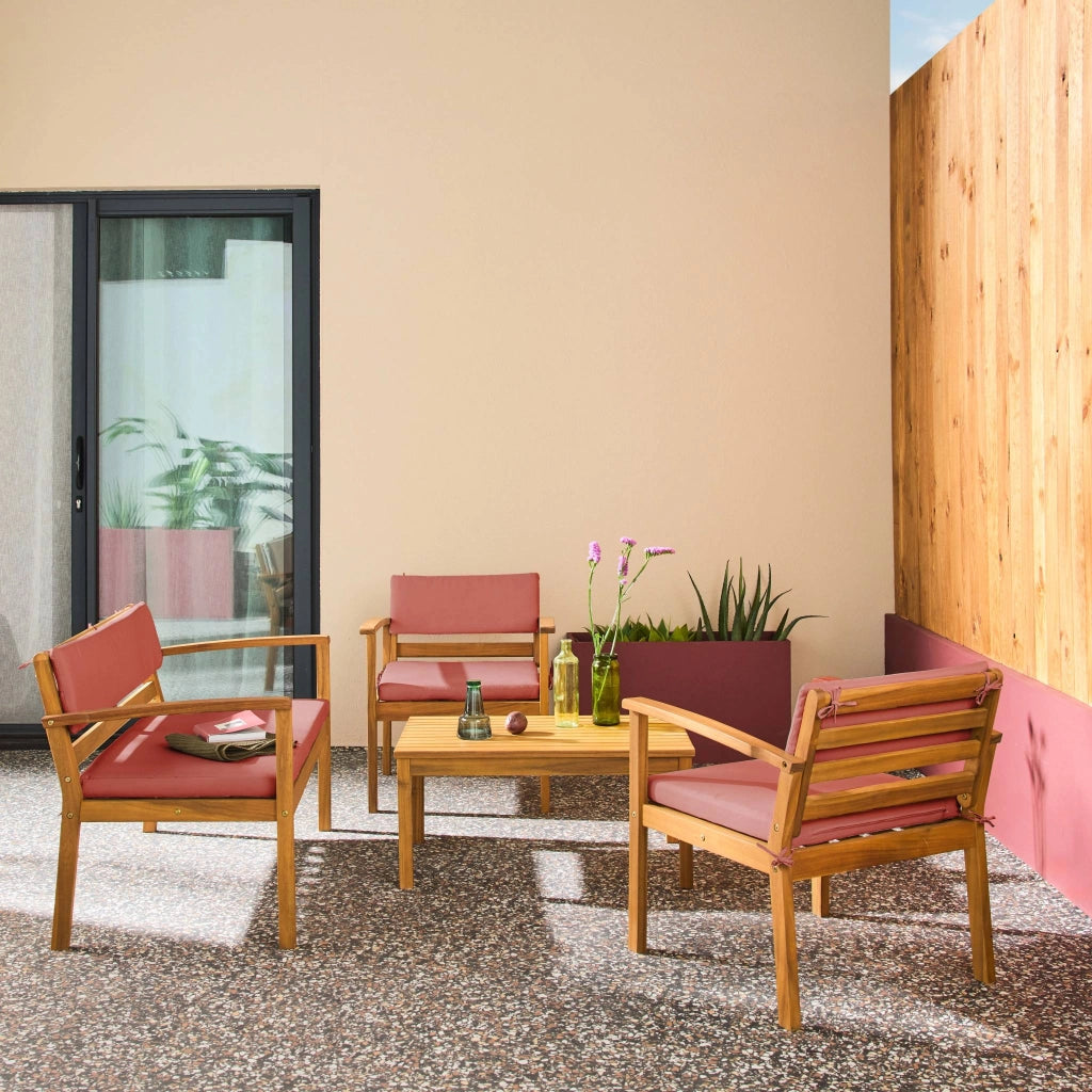 Salotto da giardino in legno di acacia, 4 posti, terracotta