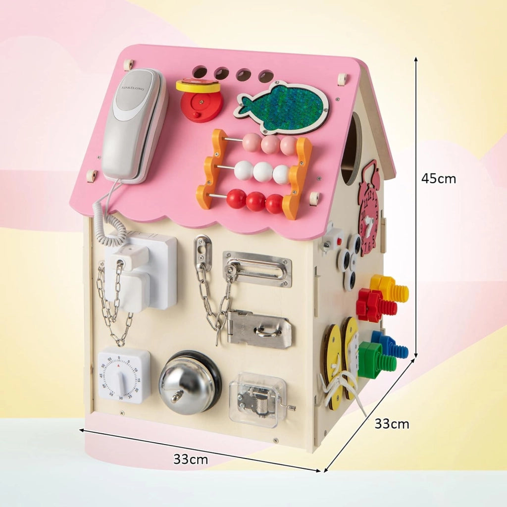 Occupato Montessori per Bambini, Casa da Gioco Montessori con Giochi Sensoriali e Spazio Interno, Giocattolo Educativo e Regalo per Bambini 3 Anni+ (Rosa)