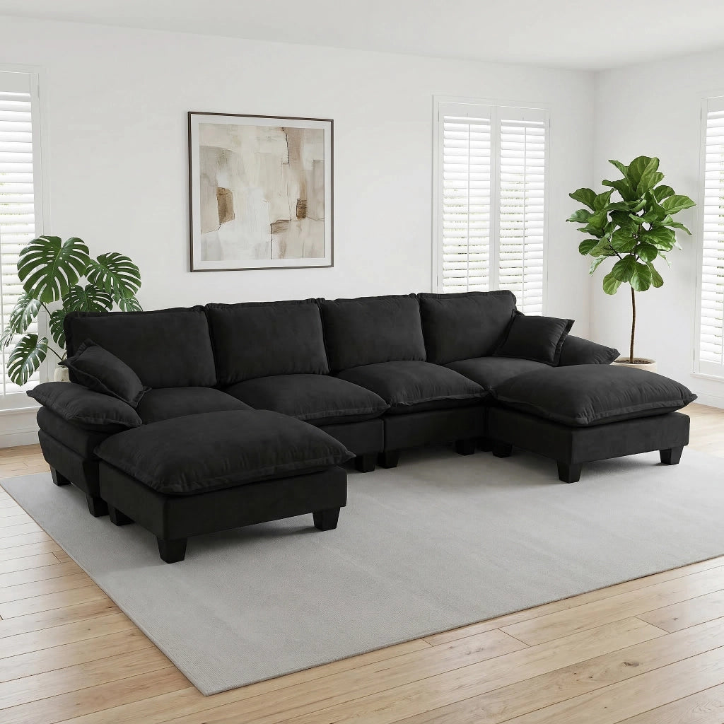 Divano modulare angolare a U con pouf mobile in chenille nero, schienale alto, braccioli larghi, 323 × 151 × 90 cm