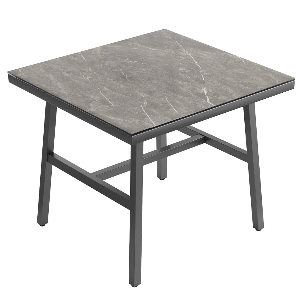 Set da giardino in metallo e poliestere con divano angolare; tavolo in vetro temperato; grigio