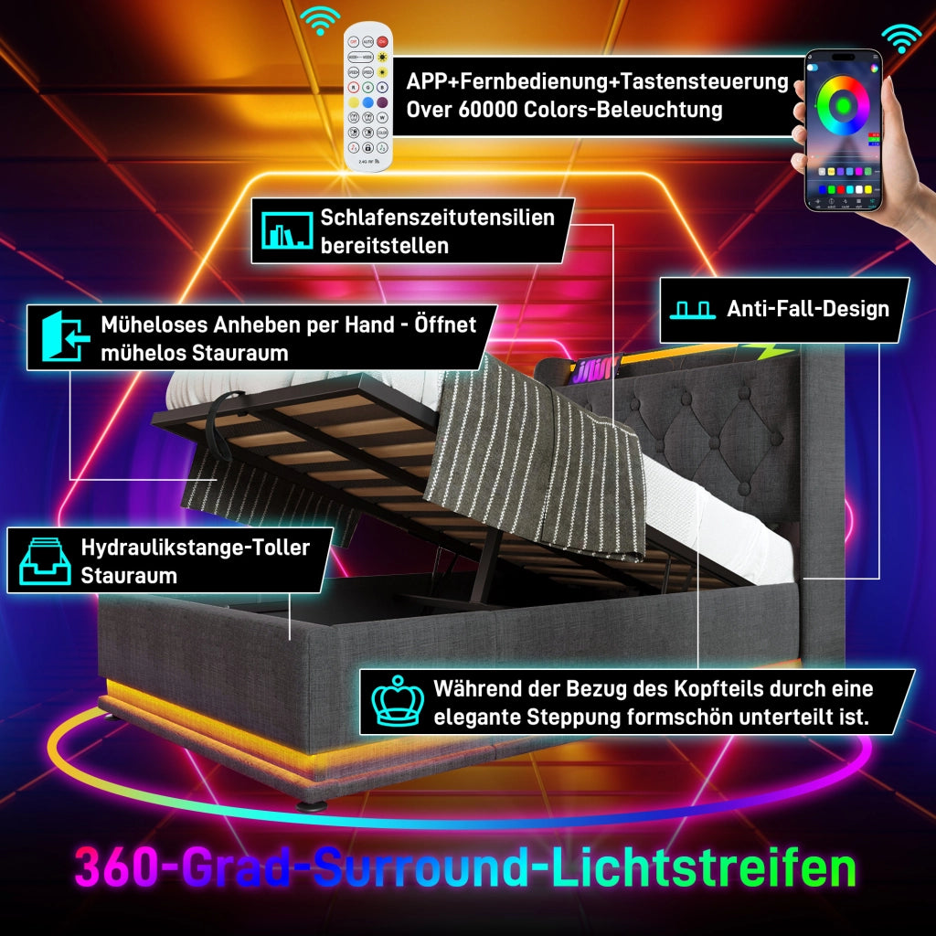 Letto singolo contenitore LED 90x200 cm grigio con USB-C