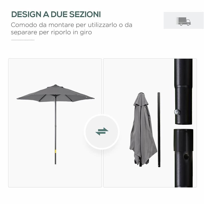 OMBRELLONE DA GIARDINO 2X2 M A 6 STECCHE CON PRESA D'ARIA IN ALLUMINIO METALLO E POLIESTERE GRIGIO SCURO