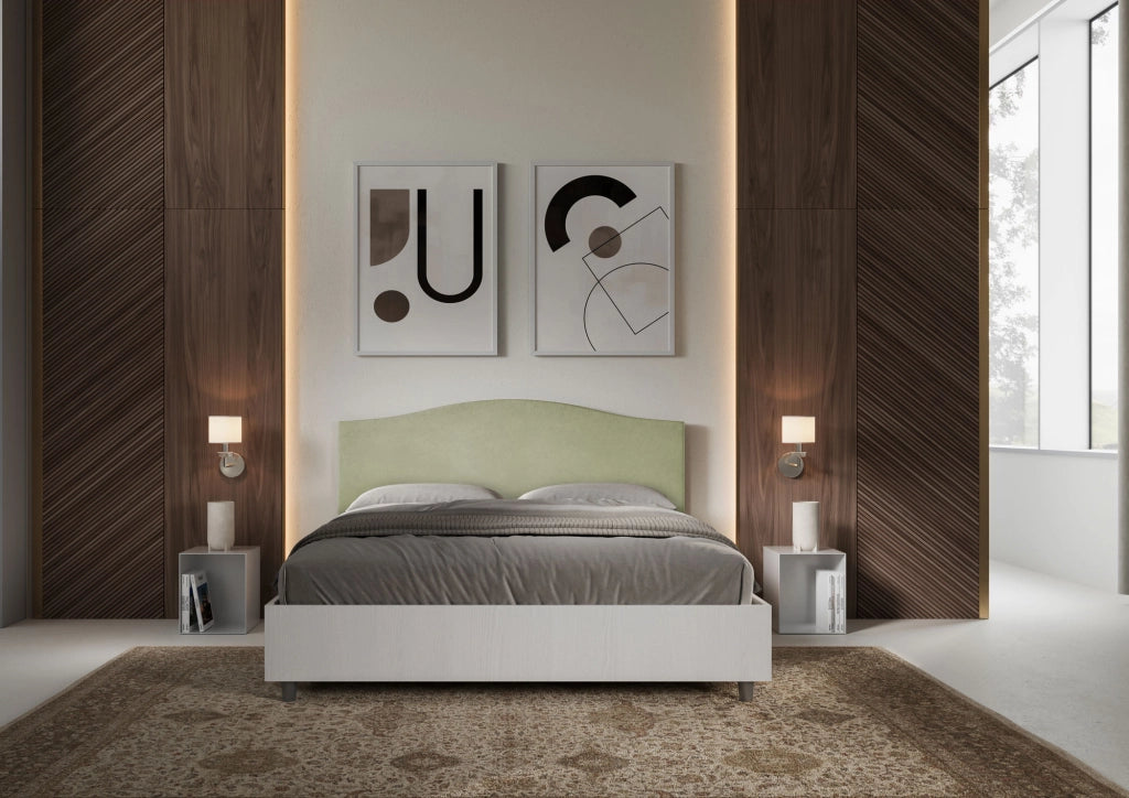 Letto Matrimoniale 160x200 cm con Rete e Contenitore Alzata Comoda Struttura Bianco Frassico e Testata in Microfibra