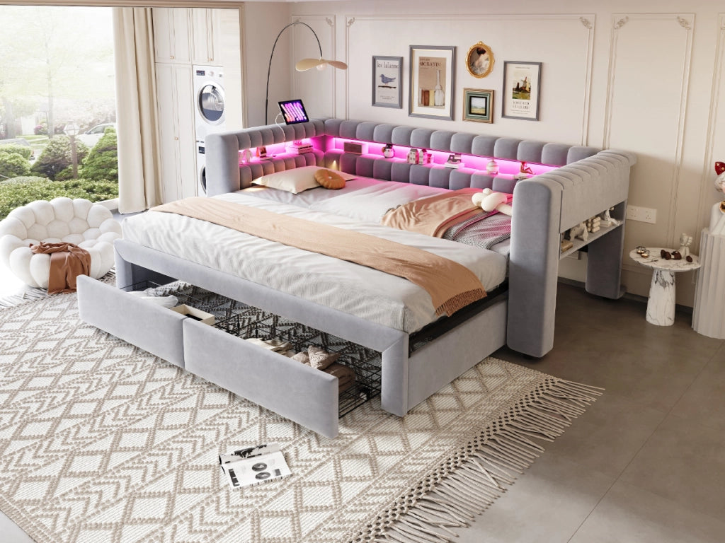 Divano letto con letto estraibile e cassetti, 90/180x190 cm, grigio chiaro