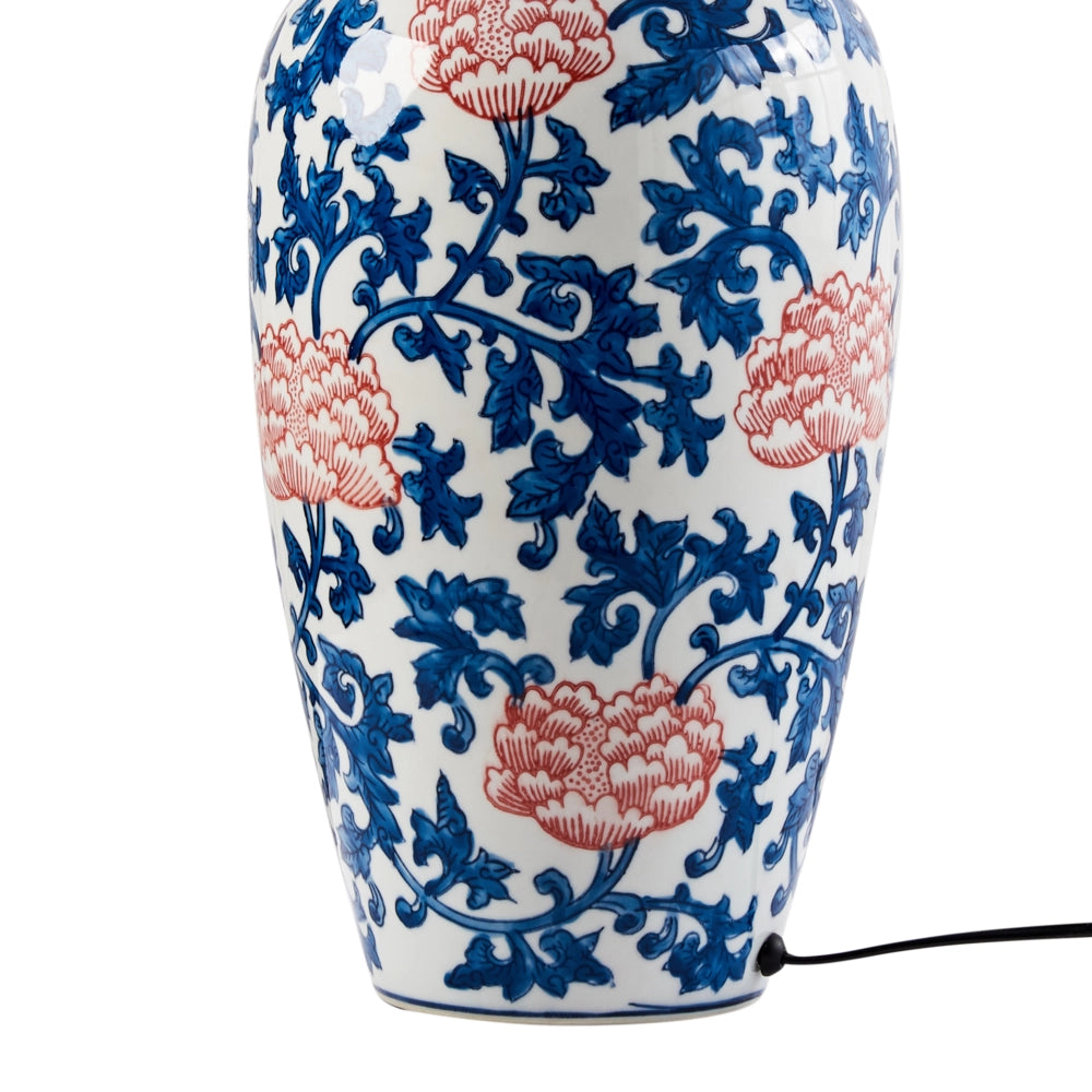 Lampada da tavolo Base in porcellana bianca e blu Paralume a campana in lino con patten floreale Illuminazione elegante