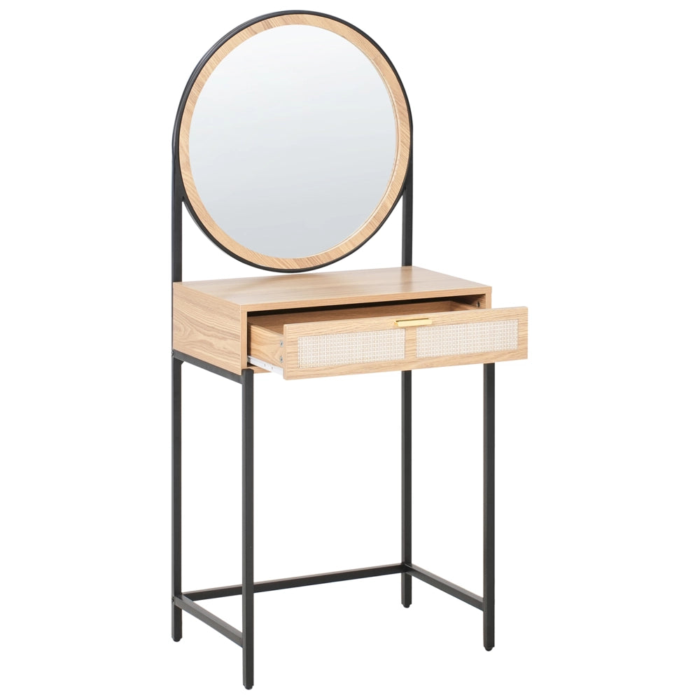 Tavolino toeletta con specchio e cassetto in marrone chiaro e nero con sgabello e specchio camera da letto soggiorno