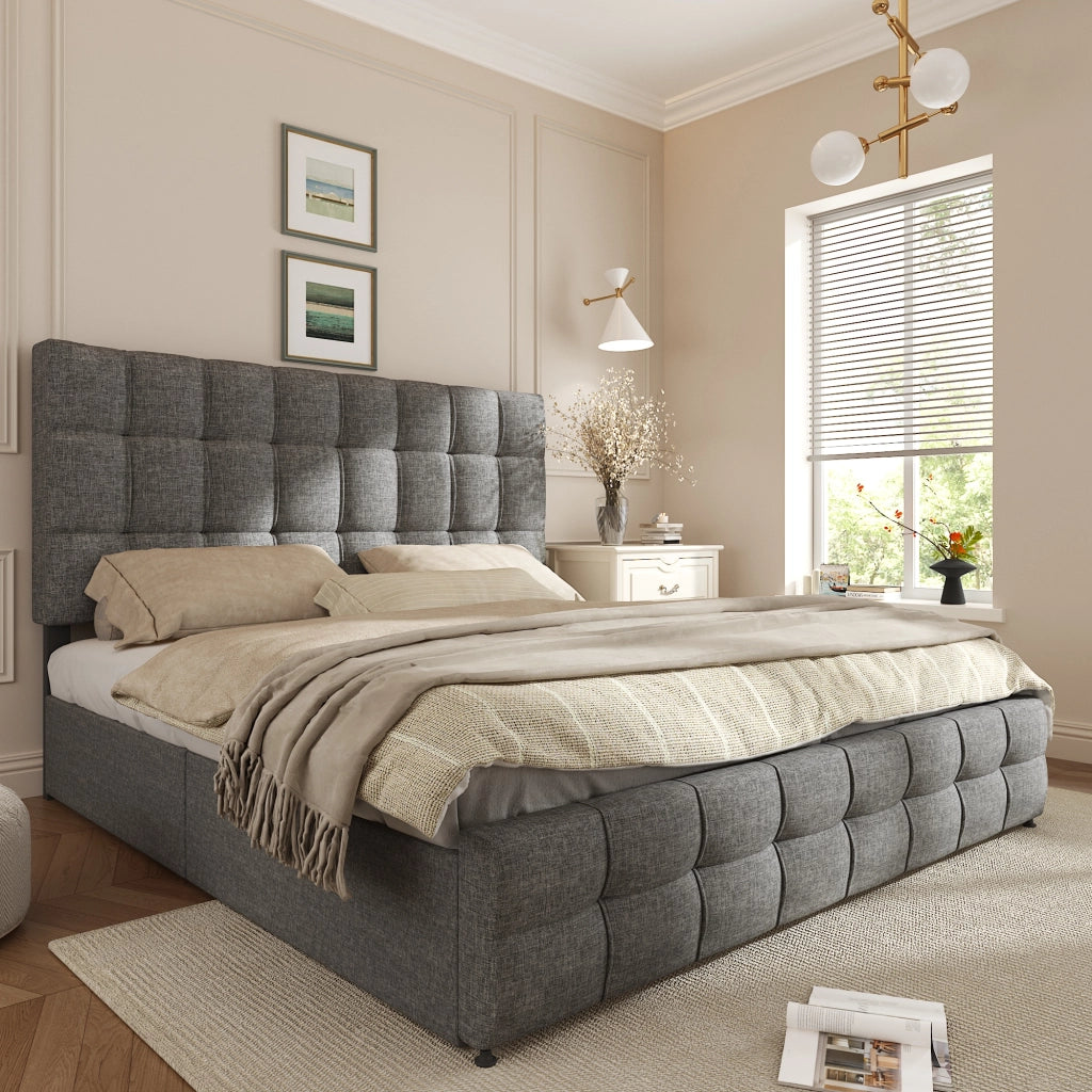 Letto matrimoniale in lino grigio 140x200 4 cassetti doghe testiera regolabile con materasso
