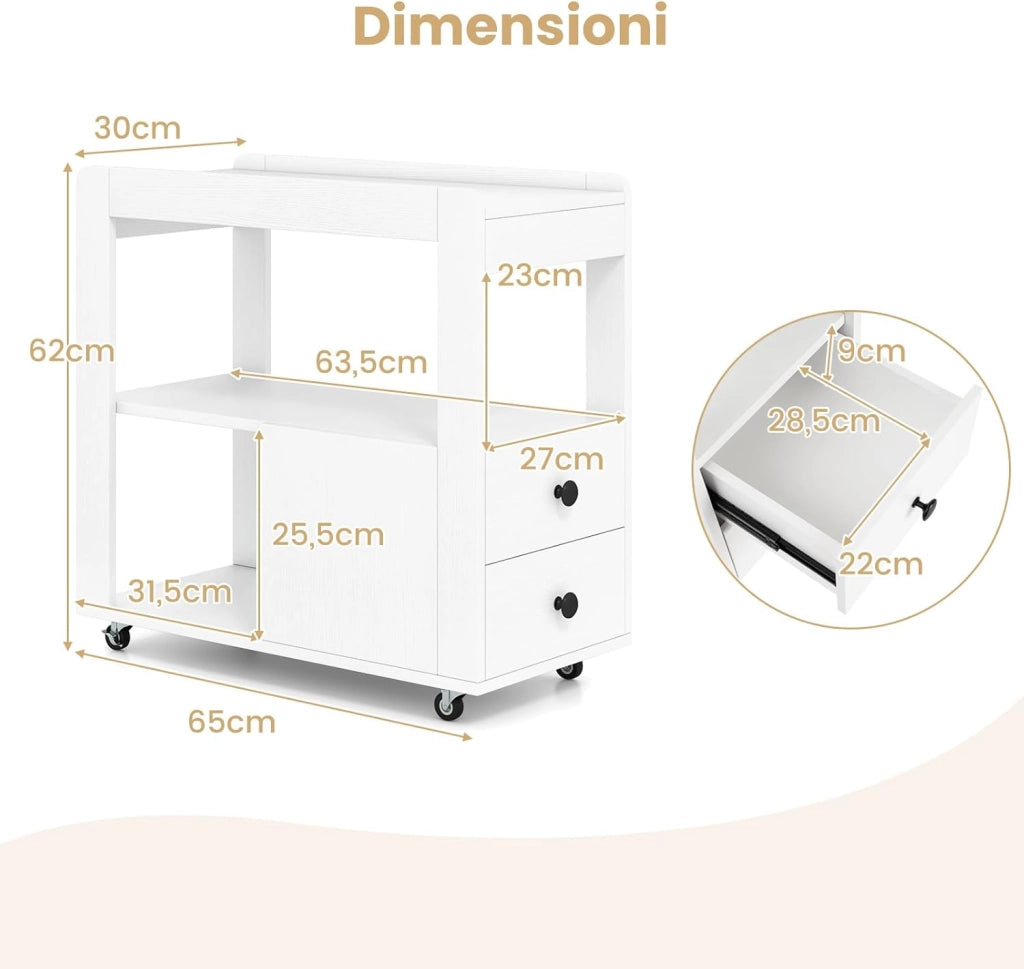 Tavolino da Salotto, Tavolino Moderno Laterale a 2 Cassetti con Ripiani Aperti e Ruote Universali Bloccabili, Tavolo Stretto per Soggiorno, Camera da Letto e Ufficio (Bianco)