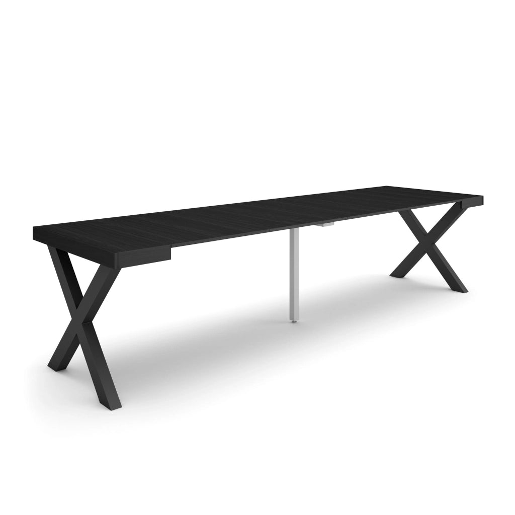 Consolle allungabile, 58 fino 302x90x73cm, Per 14 persone, Gambe in legno, Nero RF2833