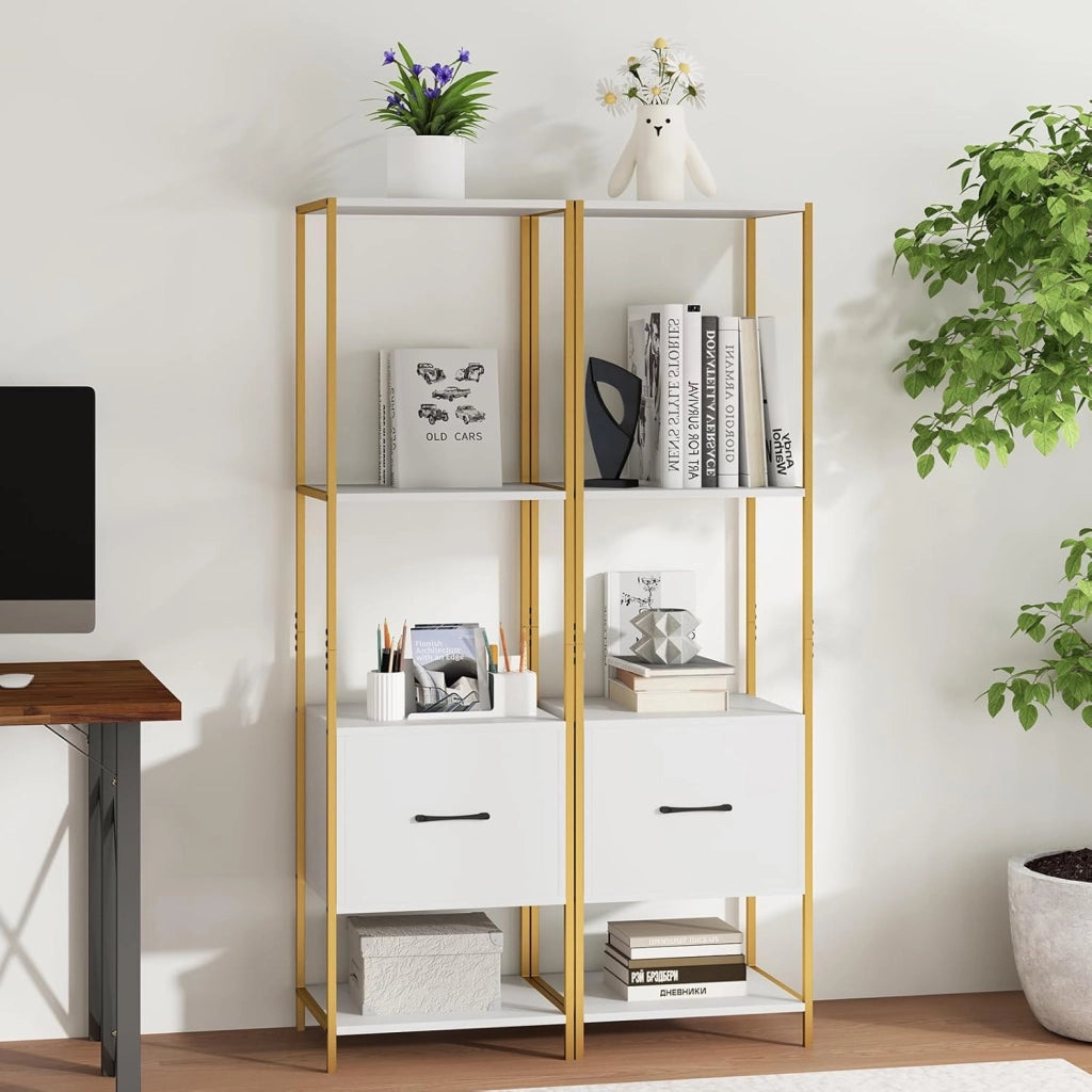 Libreria a 5 Ripiani con Cassetto, Scaffale di Stoccaggio con Struttura in Metallo e Kit Antiribaltamento, Unità Espositiva Autoportante per Camera da Letto Soggiorno, 45x35x160 cm (Bianco)