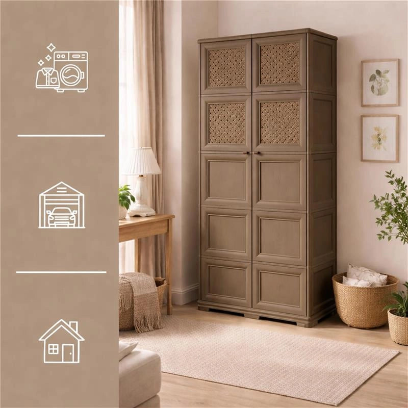 ARMADIO 5 MODULI WENGÉ 79X43X203 CM CON 6 ANTE CHIUSE E 4 TRAFORATE – CONTENITORE VERTICALE SALVASPAZIO PER INGRESSO E AMBIENTI COPERTI