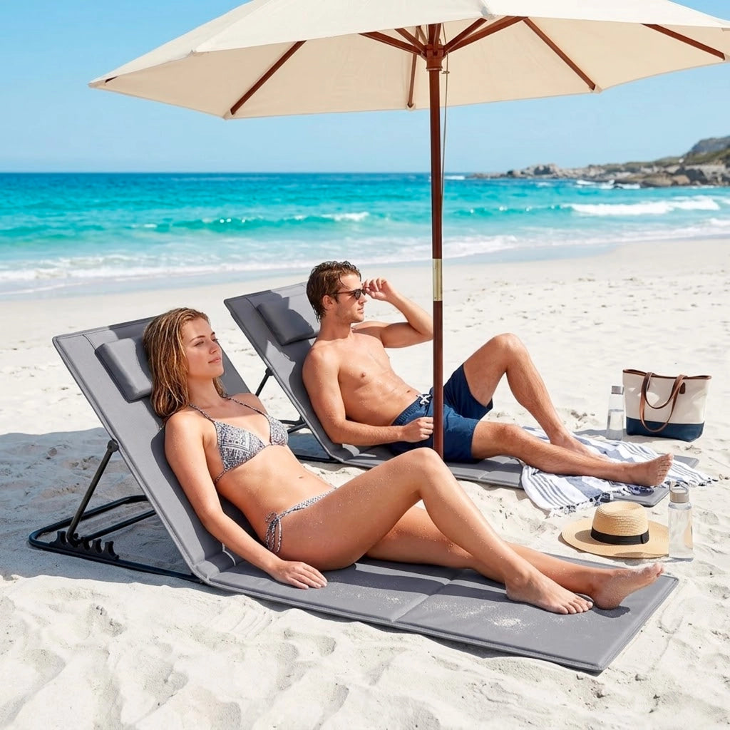 Set 2 Lettini Pieghevoli Da Giardino Con Schienale Reclinabile 4 Posizioni Tasca Portaoggetti Cuscino Poggiatesta Per Spiaggia Piscina 158 x 55 x 52 Cm Grigio
