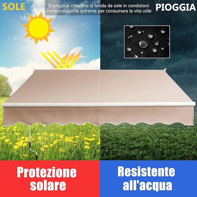 Tenda da Sole per Esterno Avvolgibile, Tenda da Sole a Bracci Estensibili con Telaio in Alluminio e Tettuccio Resistente al Sole e Impermeabile e Manovella (Beige, 245 x 200 cm)
