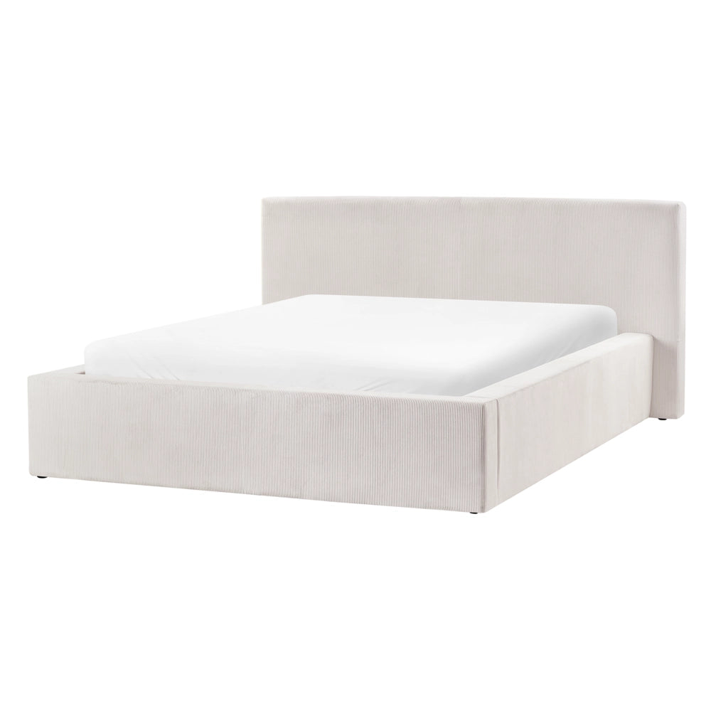 Letto con rete in velluto a coste beige chiaro rivestita in tessuto gambe in plastica contenitore 140 x 200 cm design moderno