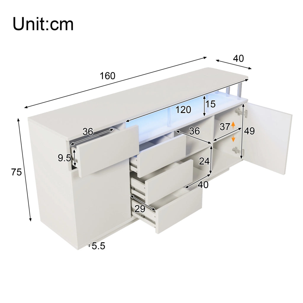 Credenza ULEVR 160x40x75 cm bianca con LED, 4 cassetti, 2 ante e ripiani regolabili