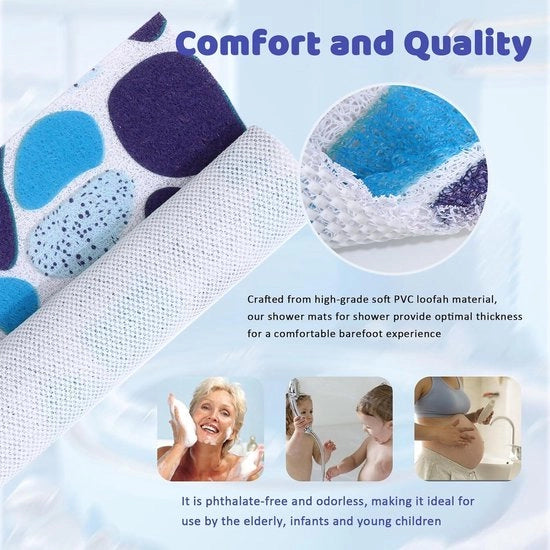 Matte da doccia quadrata 70 x 70 cm con superficie antiscivolo in PVC luffa morbida con fori di scarico e asciugatura rapida azzurra