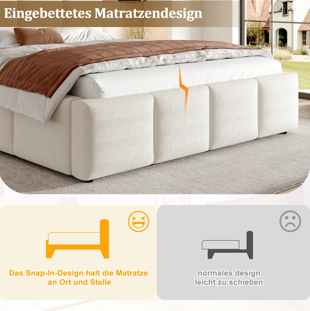 Letto imbottito 180x200 cm con rete a doghe; testiera bouclé beige