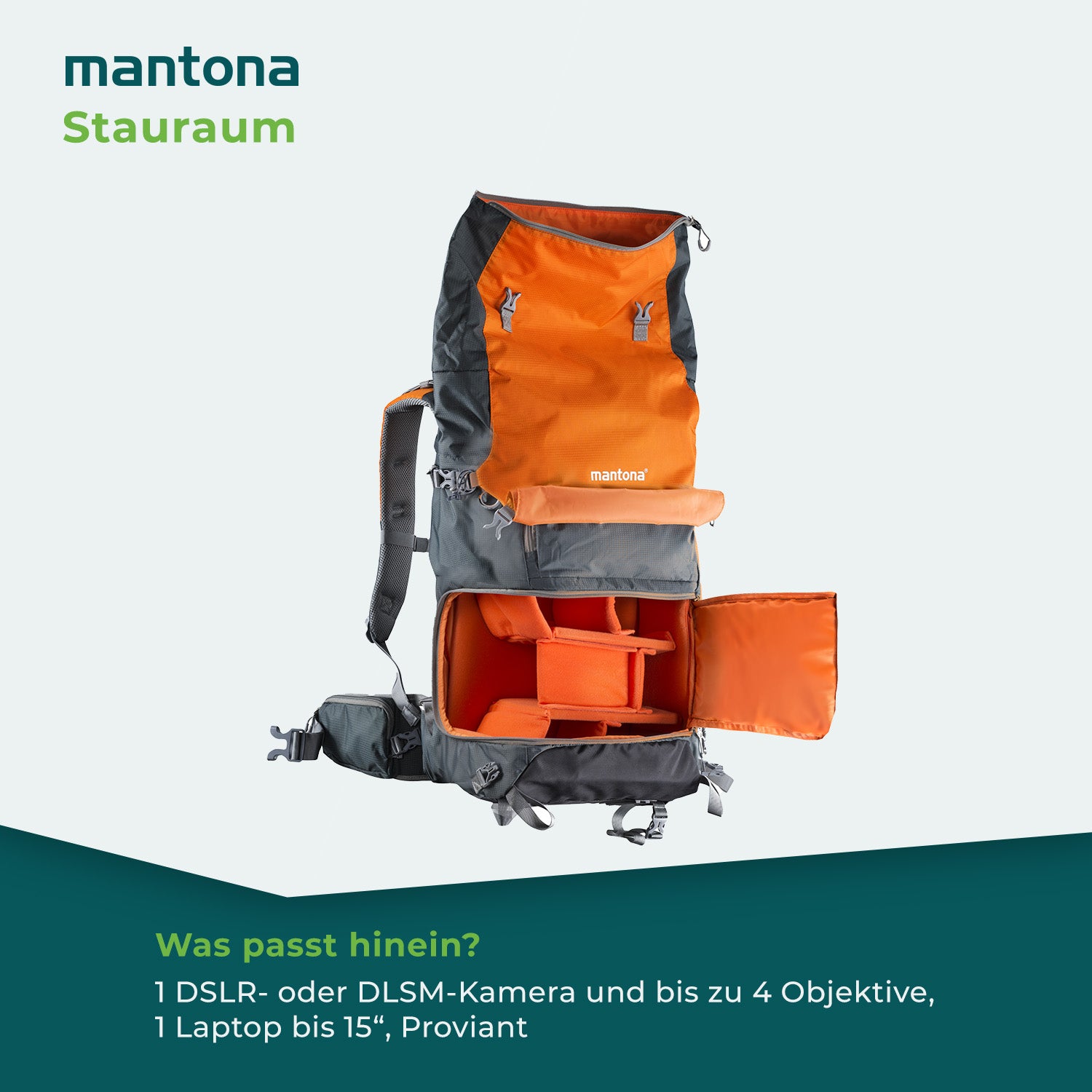 Mantona elementsPro 50 Zaino per fotocamera - Zaino professionale per fotocamera outdoor con scomparti interni personalizzabili, ampio spazio per 2 fotocamere e accessori, laptop fino a 15 pollici