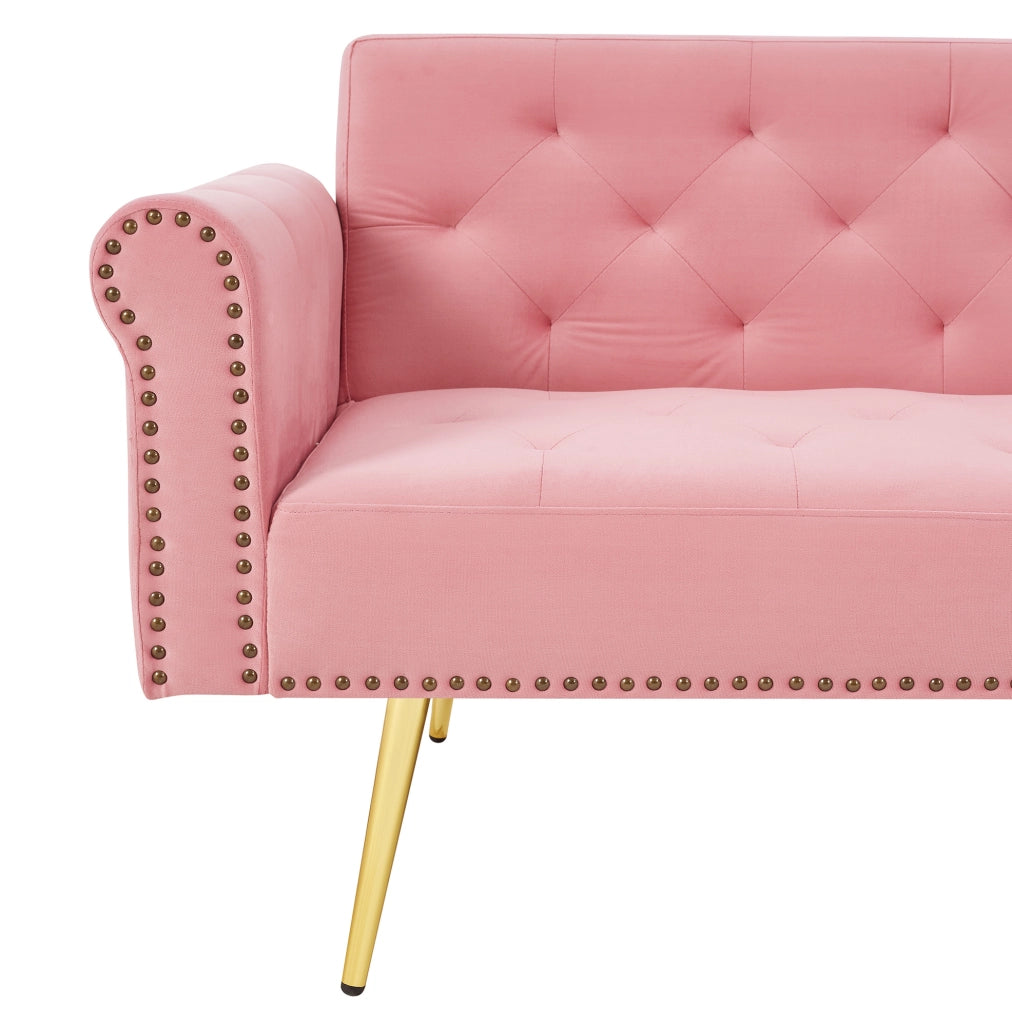 Divano letto 2 posti in velluto rosa con schienale reclinabile a 3 posizioni e piedini dorati