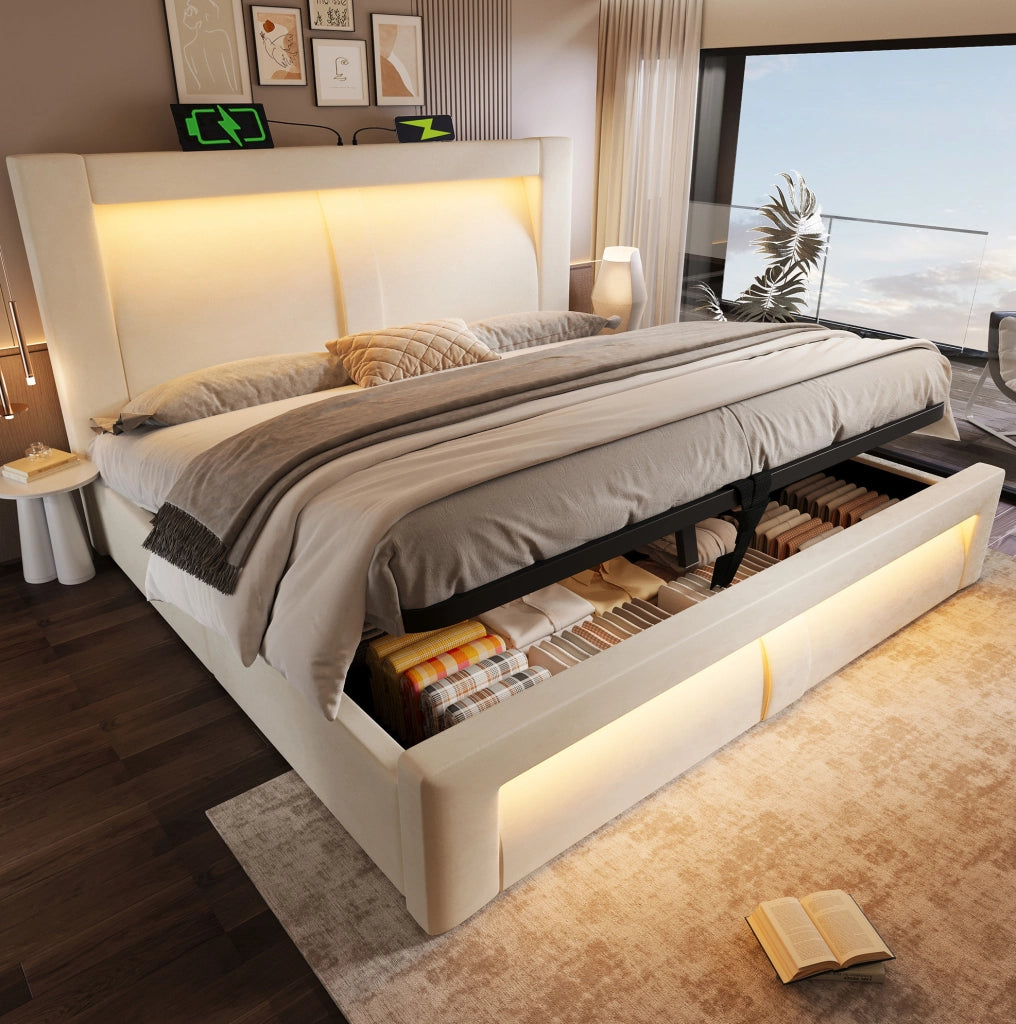 Letto matrimoniale 140x200 cm con contenitore; LED e porte USB/Type-C; in velluto beige