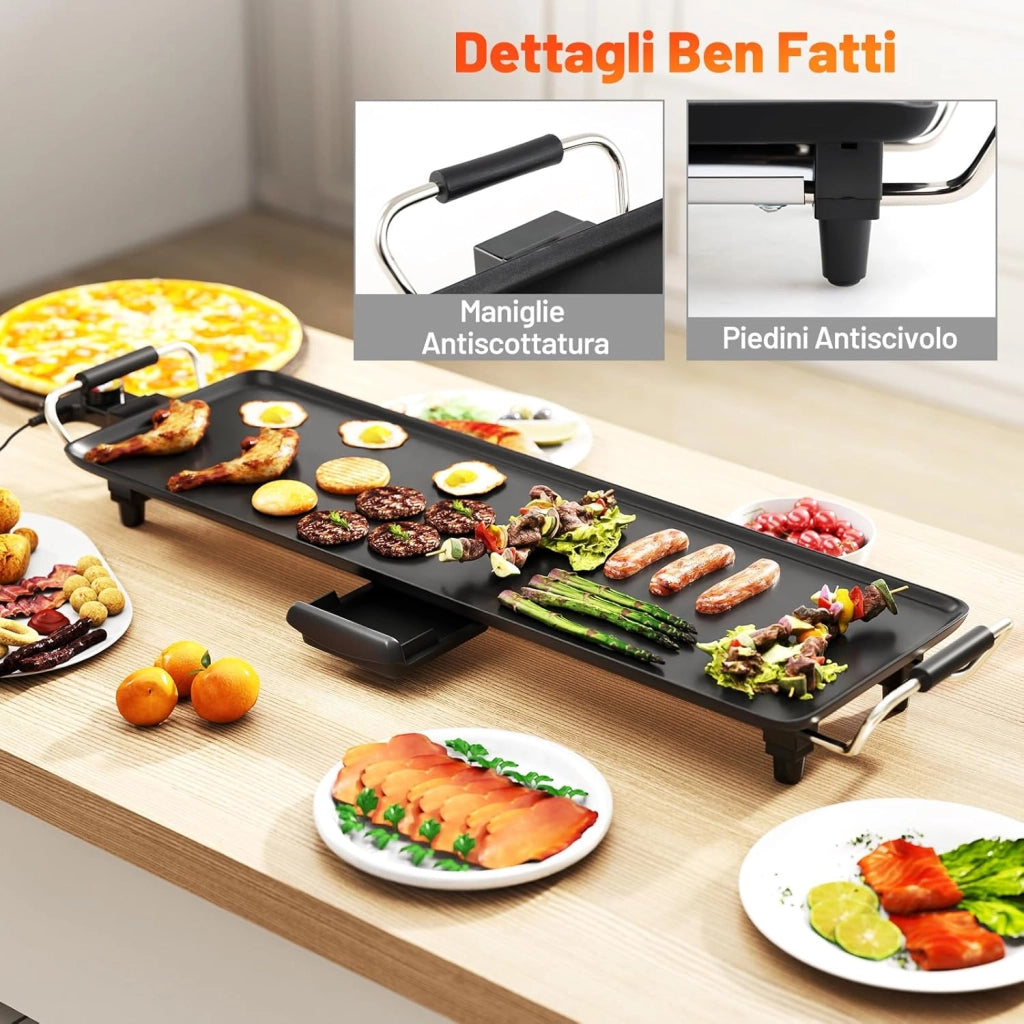 1800W Piastra Elettrica, Barbecue Elettrico con Temperatura Regolabile, Termostati e Vassoio di Sgocciolamento, Griglia Antiaderente (70 x 22 cm)