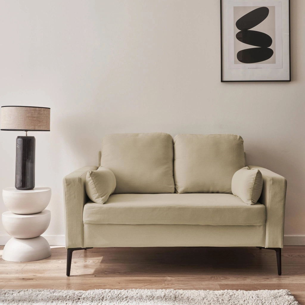 Divano in velluto a coste con gambe in metallo, 2 posti, beige grigio