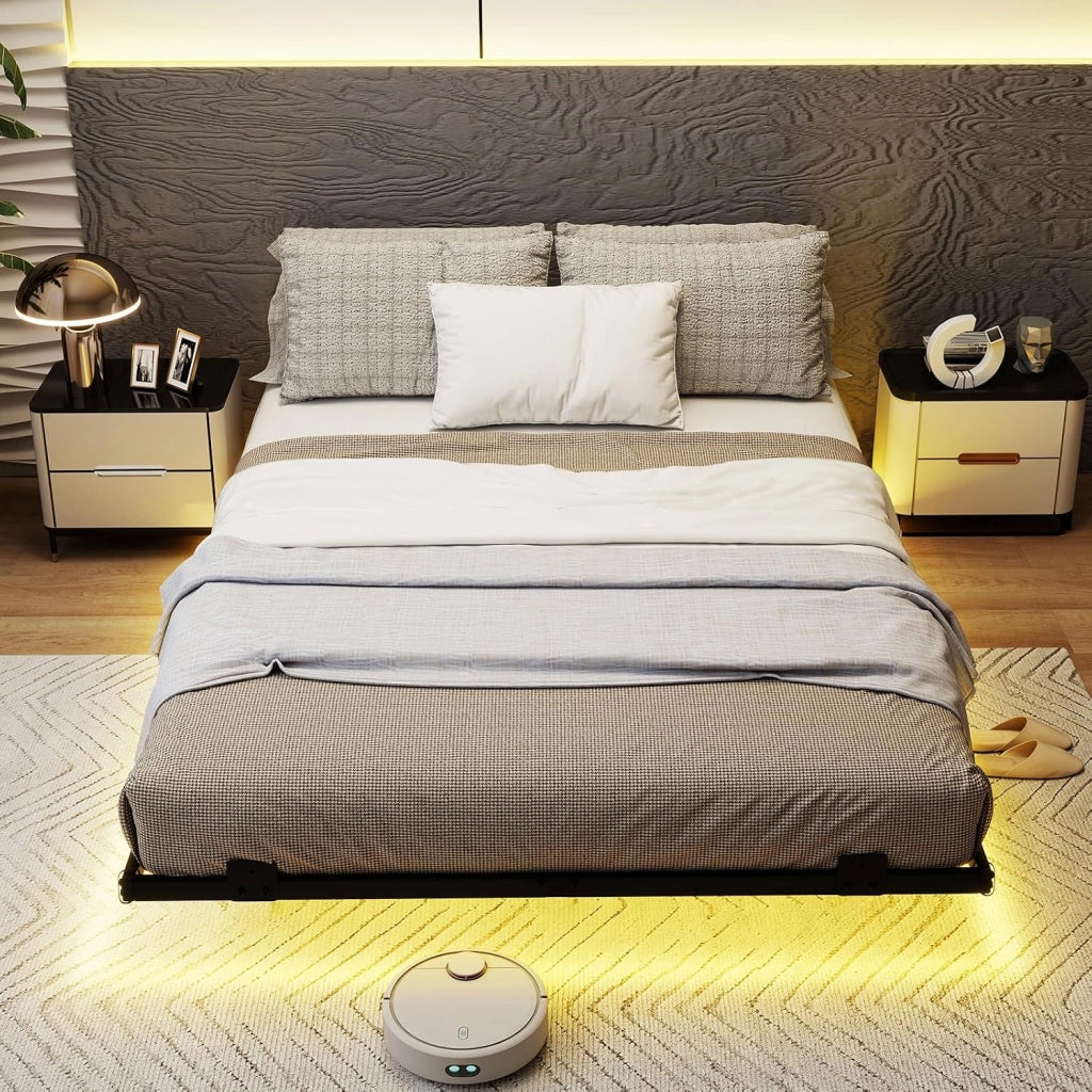Telaio Letto Galleggiante, Letto Matrimoniale 140 x 200 cm in Metallo con Luci LED Fissaggio per Materasso, Doghe Resistenti a Carico Pesante, Carico 400 kg