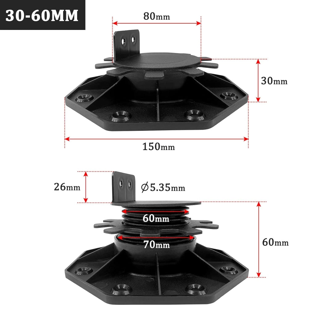 Cuscinetto regolabile in altezza in WPC per terrazze, 30 – 60 mm, autolivellante, per giardino, balcone, piastrelle, 20 pezzi